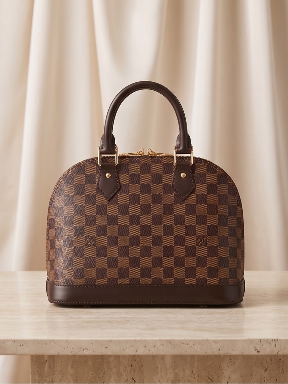 Louis Vuitton Brown Damier Ebene Alma Handbag with Gold Hardware
